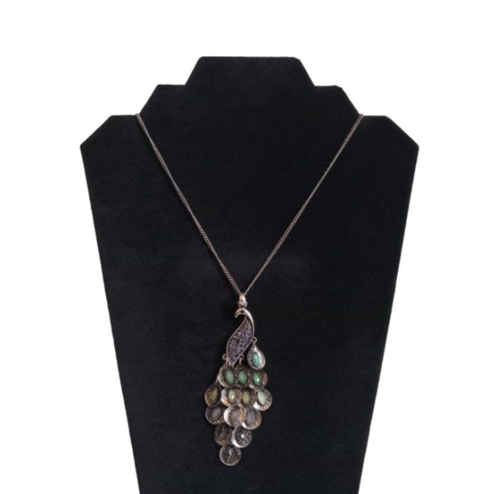 Silver Toned Metal Multicolored Rhinestone Encrusted Peacock Pendant Necklace